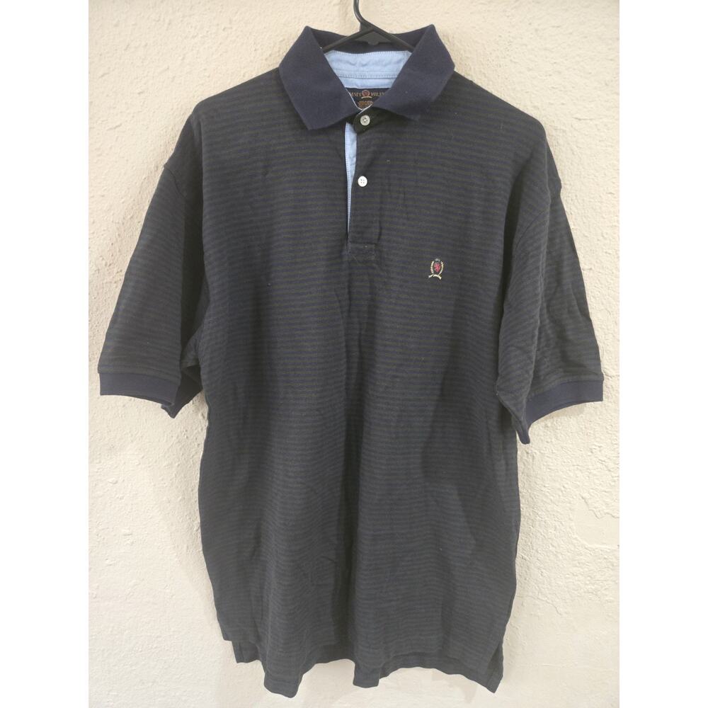 Vintage Tommy Hilfiger Mens Polo Shirt, Crest Logo, Striped Blue Green, Size M